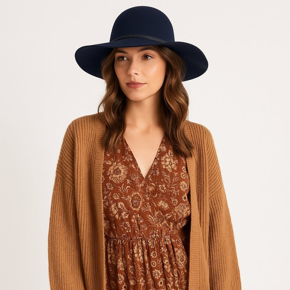 San Diego Hat Co Four Buttons Wool Felt Floppy Fedora Boho Navy O/S Fall Hat - Picture 2 of 12